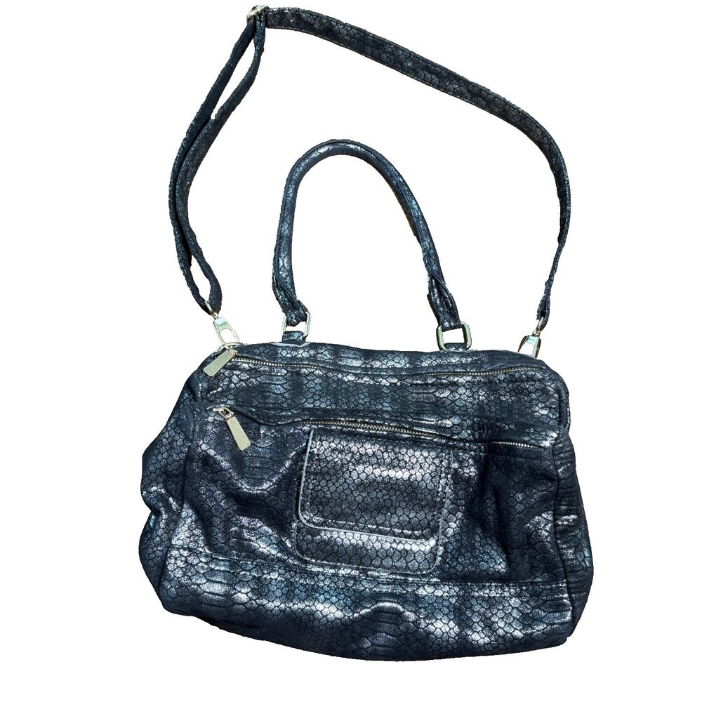 Remi & Reid Purse Snakeskin Black Microsuede Silver Hobo Multipocket Slouchy Bag